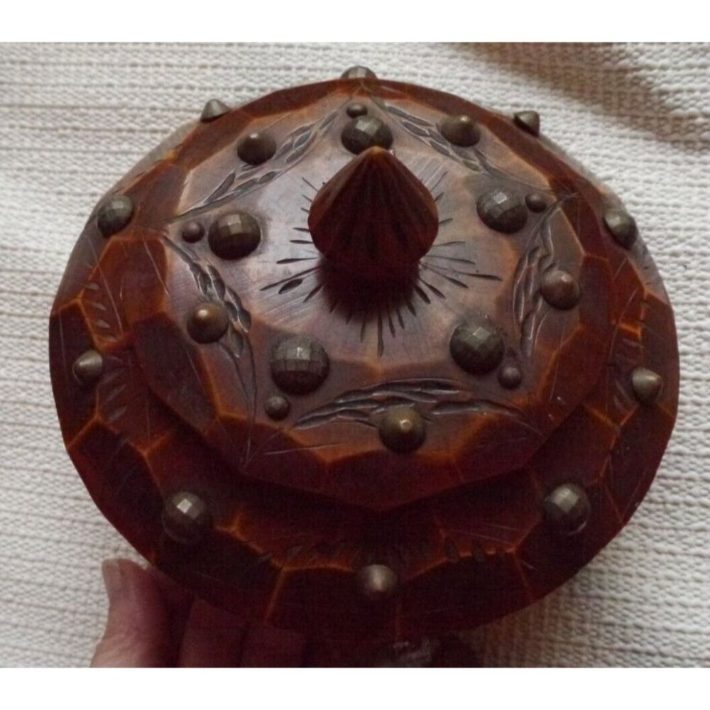Vintage 70’s French Carved Lidded Wood Stash BOX Man Cave MCM Design Studs Round